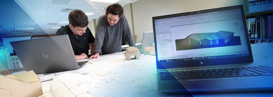 Students reviewing blueprints on table with design software and models
