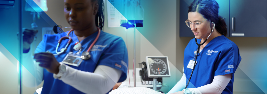 Nursing student in hospital room with stethoscope