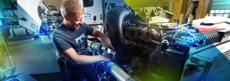 Diesel technician looking down to repair large diesel engine