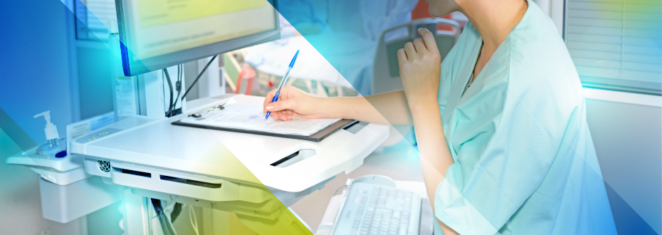 Woman in call center setting wearing a headset and working in front of a computer