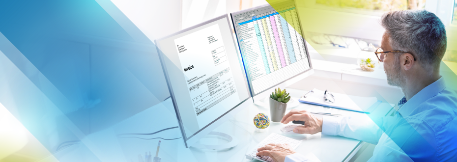 Woman in call center setting wearing a headset and working in front of a computer
