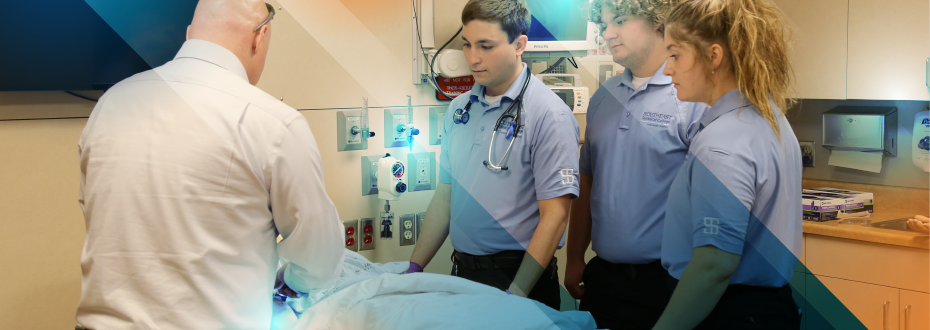 Students planning repair on large diesel engine in diesel lab